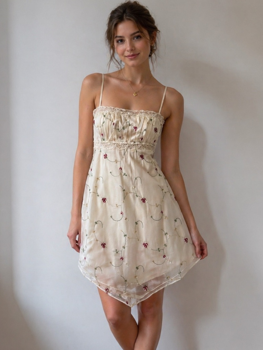 Jessica Simpson Cream Mini Dress with Pink Floral Embroidery